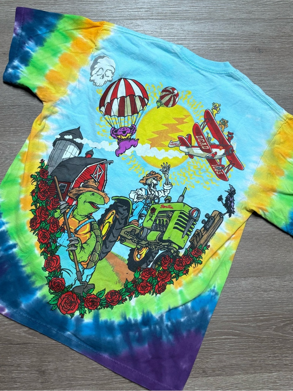 Grateful Dead Tie-Dye Graphic Tee with Colorful Farm Adventure Print